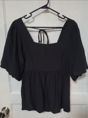 Entro Black Square Neck Puff Sleeve Blouse with Back Tie